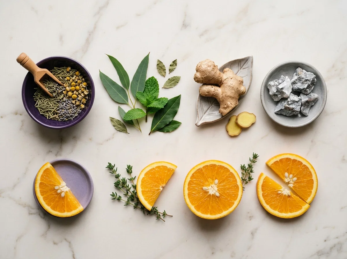 Botanische ingrediënten: gemberwortel, groene thee, vitamine C sinaasappel op marmeren ondergrond