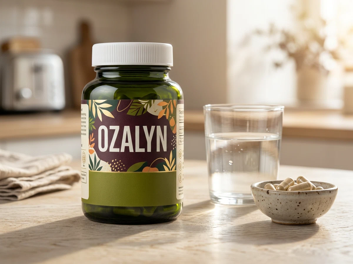 Ozalyn supplement flesje naast verse kruiden en een glas water